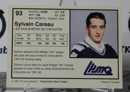 SYLVAIN CAREAU # 93 INNING SKETCH 1991 HOCKEY GOALTENDER NHL CARD