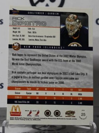 RICK DIPIETRO # 25 PACIFIC McDONALD'S 2009-10 HOCKEY GOALTENDER NEW YORK ISLANDERS CARD