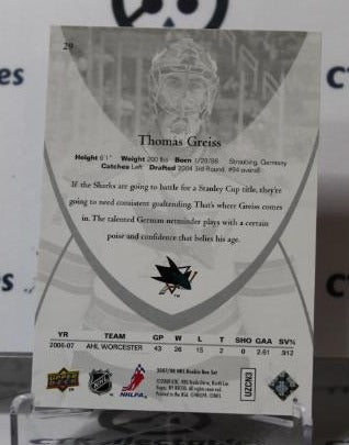 THOMAS GREISS # 29 ROOKIE UPPER DECK 2007-08 HOCKEY NHL GOALTENDER SAN JOSE SHARKS CARD