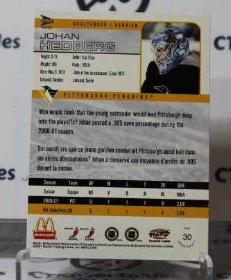 JOHAN HEDBERG # 30 PACIFIC McDONALD'S 2001-02 HOCKEY NHL GOALTENDER PITTSBURGH PENGUINS CARD