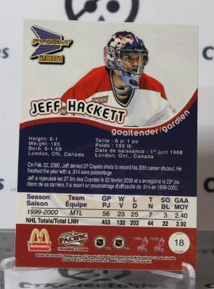 JEFF HACKETT # 18 PACIFIC McDONALD'S 2000-01 HOCKEY NHL GOALTENDER MONTREAL CANADIANS CARD