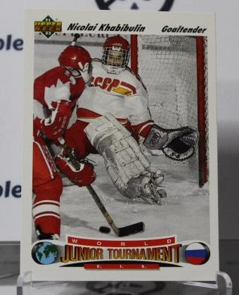 NICOLAI KHABIBULIN # 652 ROOKIE UPPER DECK 1991-92 HOCKEY NHL GOALTENDER WORLD JUNIOR CARD