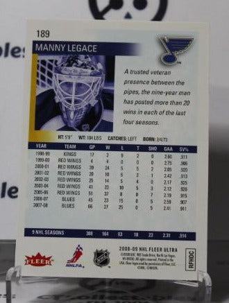 MANNY LEGACE # 189 FLEER ULTRA 2008-09 HOCKEY GOALTENDER ST. LOUIS BLUES CARD