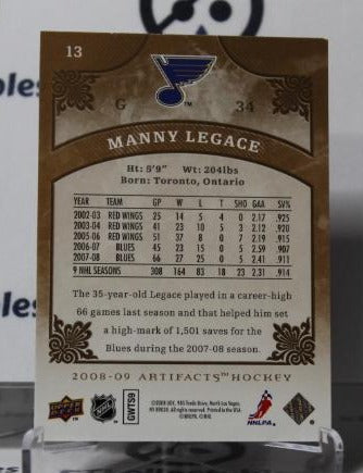 MANNY LEGACE # 13 UPPER DECK ARTIFACTS 2008-09 HOCKEY GOALTENDER ST. LOUIS BLUES CARD