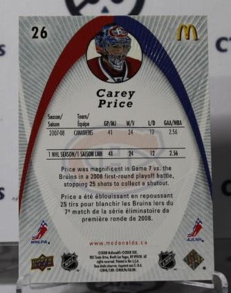 CAREY PRICE # 26 UPPER DECK McDONALD'S 2008-09 HOCKEY NHL GOALTENDER MONTREAL CANADIANS CARD
