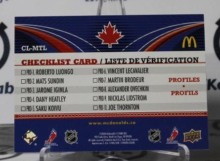 CAREY PRICE # CL-MTL UPPER DECK McDONALD'S 2008-09 HOCKEY NHL GOALTENDER MONTREAL CANADIANS CARD