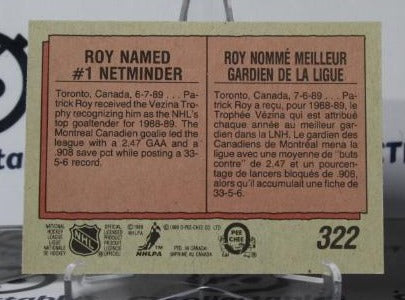 PATRICK ROY # 322 O-PEE CHEE 1989-90 HOCKEY NHL GOALTENDER MONTREAL CANADIANS CARD