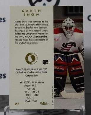 GARTH SNOW # 21 ROOKIE CLASSIC IMAGES 1993-94 HOCKEY GOALTENDER TEAM USA CARD