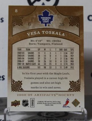 VESA TOSKALA # 8 UPPER DECK ARTIFACTS 2008-09 HOCKEY NHL GOALTENDER TORONTO MAPLE LEAFS CARD