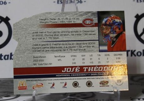 JOSE THEODORE # 29 DIE CUT PACIFIC McDONALD'S 2003-04 HOCKEY NHL GOALTENDER MONTREAL CANADIANS CARD