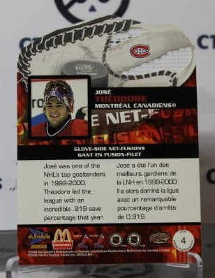 JOSE THEODORE # 4 GLOVE DIE CUT PACIFIC McDONALD'S 2002-03 HOCKEY NHL GOALTENDER MONTREAL CANADIANS CARD