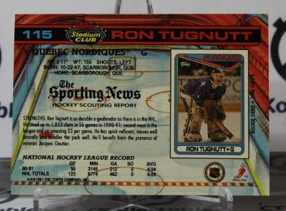 RON TUGNUTT # 115 TOPPS STADIUM CLUB 1991-92 HOCKEY NHL GOALTENDER QUEBEC NORDIQUES CARD