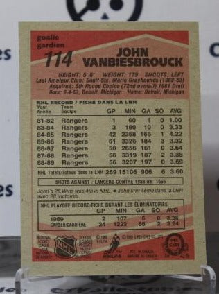 JOHN VANBIESBROUCK # 114 O-PEE CHEE 1989-90 HOCKEY NHL GOALTENDER NEW YORK RANGERS CARD