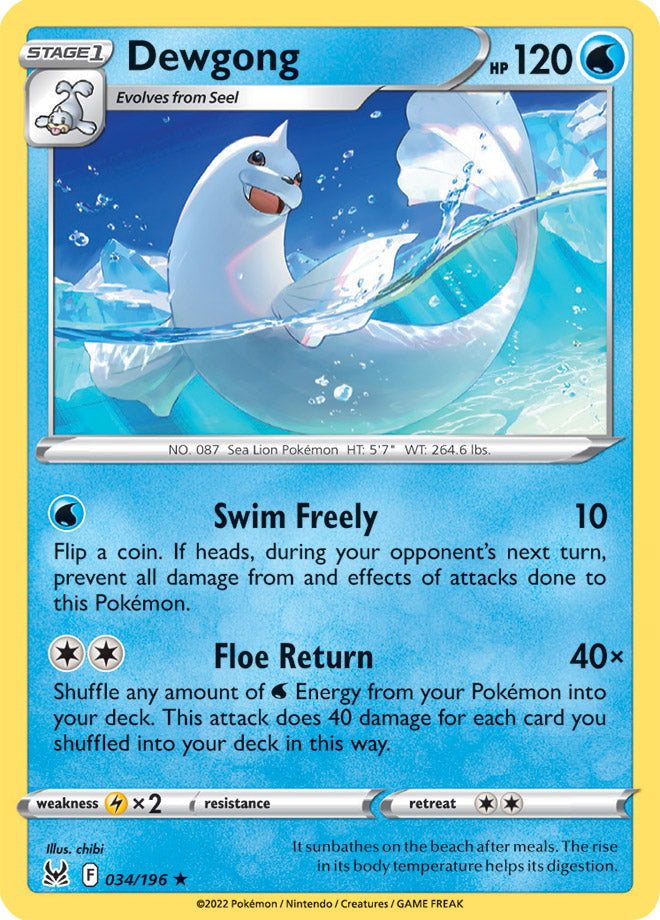 Dewgong Rare Base Card #034/196 2022 Sword & Shield Lost Origin Pokemon Card