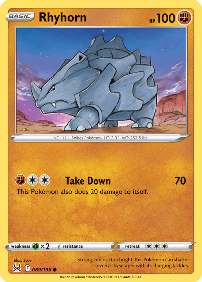 Rhyhorn Base Card #089/196 2022 Sword & Shield Lost Origin Pokemon Card