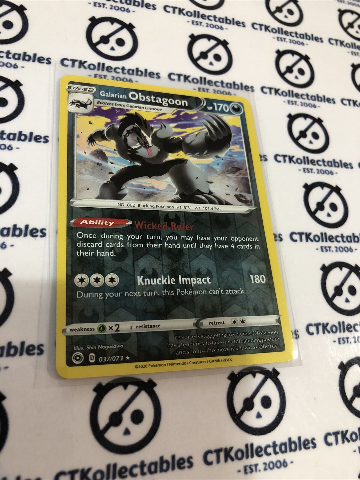 Galarian Obstagoon #037/073 Reverse Holo Rare Pokmon Card Champions P CTKollectables Galarian Obstagoon #037/073 Reverse Holo Rare Pokmon Card Champions P CTKollectables