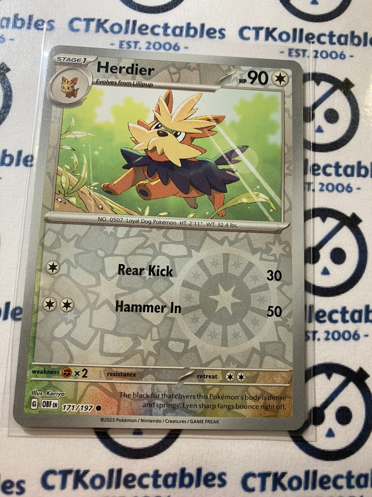 Herdier Reverse Holo #171/197 2023 Obsidian Flames Pokemon Card