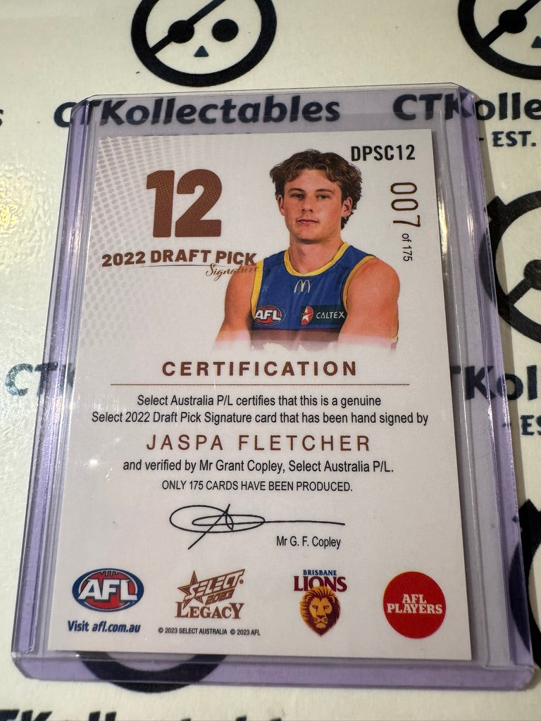 2023 AFL Legacy Jaspa Fletcher Copper Draft Pick Signautre #007/175 DPS Lions