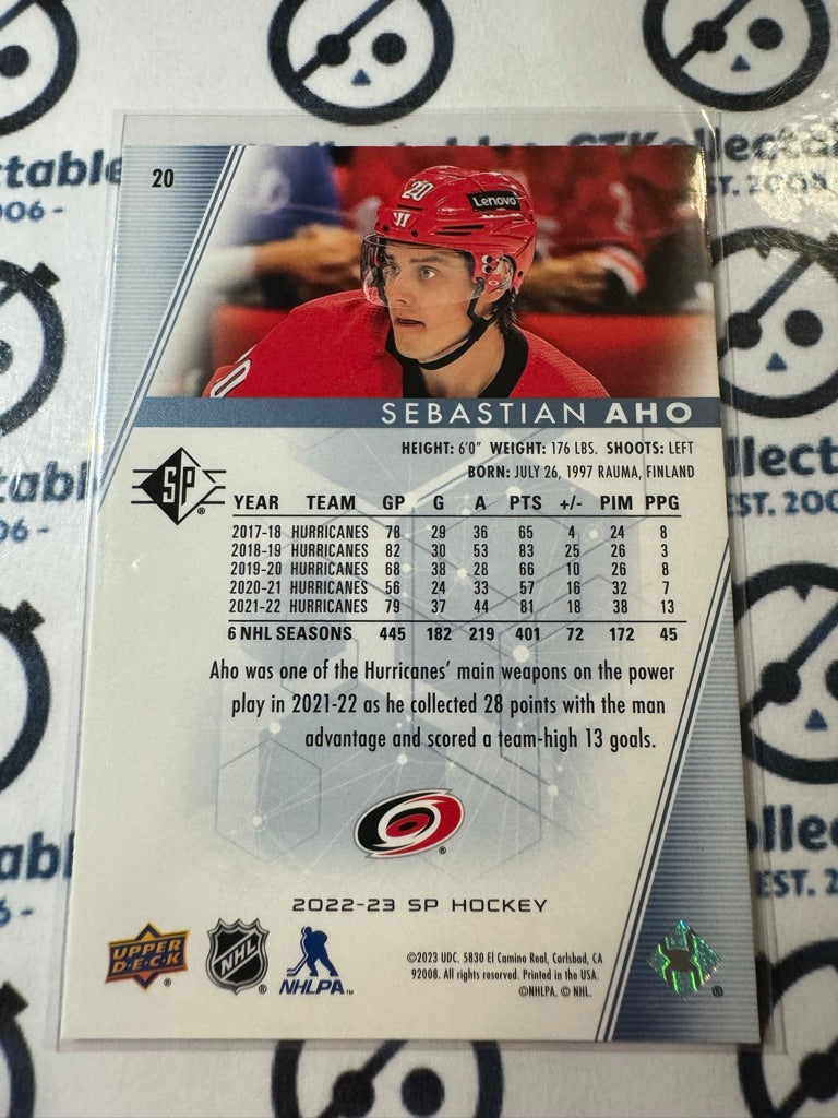 2022-23 NHL SP Hockey Sebastian Aho Blue Parallel #20 Hurricanes