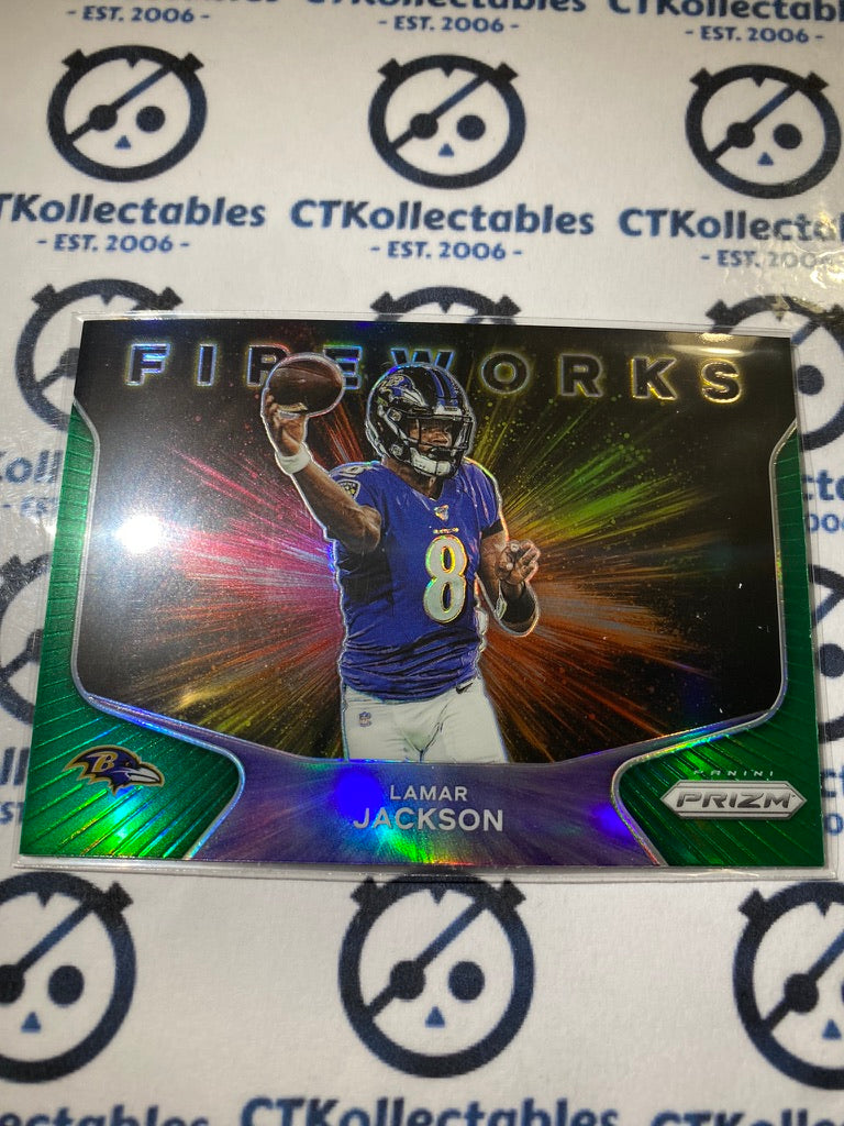 2020 NFL Prizm Lamar Jackson Fireworks Green Prizm #6 Ravens