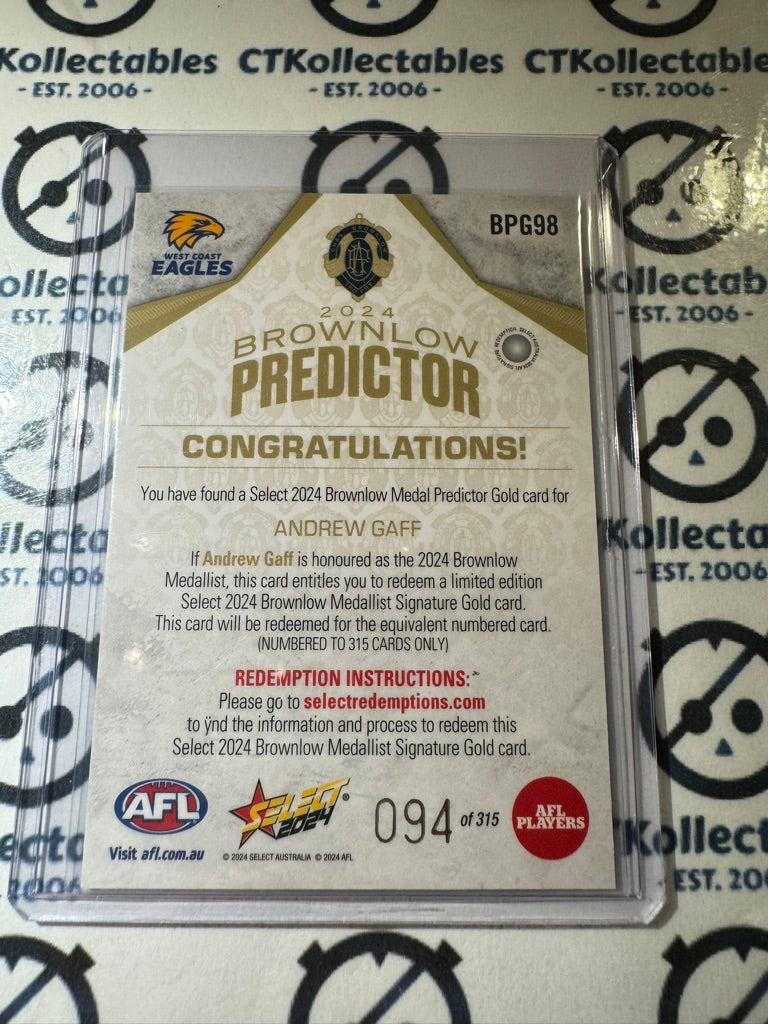 2024 AFL Footy Stars Brownlow Predictor Gold Andrew Gaff #094/315 BPG98 Eagles