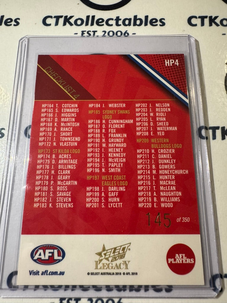 2018 AFL Select Legacy holographic Parallel Checklist #4 #145/350 #HP4