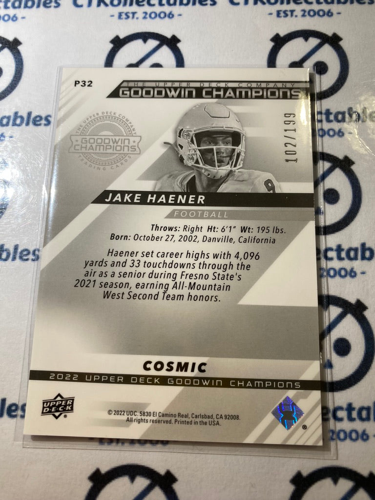 2022 Upper Deck Goodwin Champions Platinum Jake Haener Cosmic Parallel #102/199