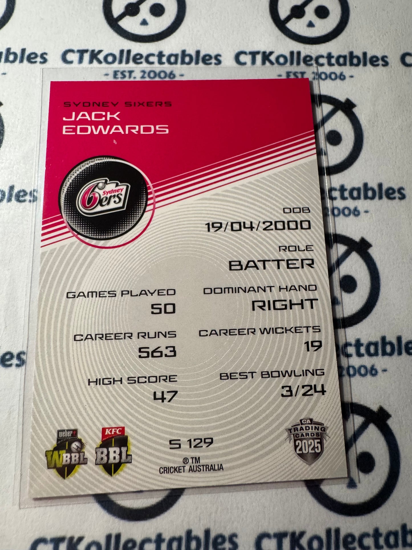 2025/26 CA Cricket Traders Jack Edwards Silver Parallel #S129 6ers