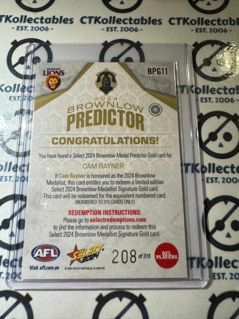 2024 AFL Footy Stars Brownlow Predictor Gold Cam Rayner #208/315 BPG11 Lions