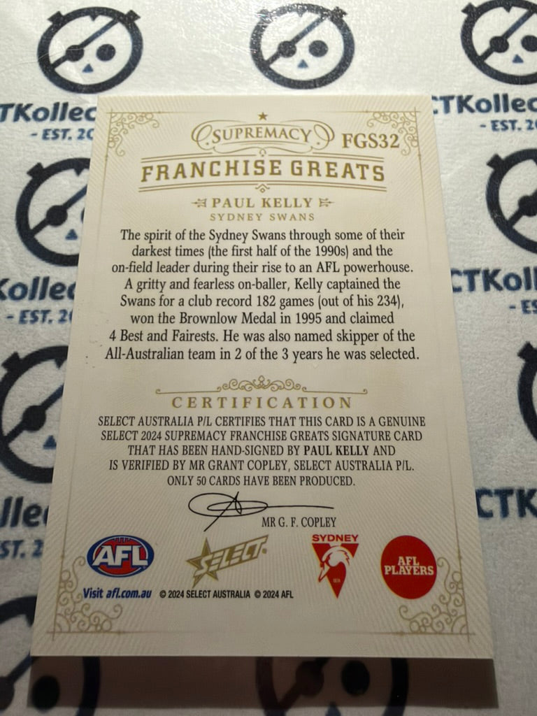 2024 AFL Supremacy Paul Kelly Franchise Greats Signature #41/50 FGS32 Swans