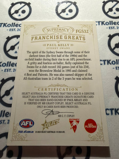 2024 AFL Supremacy Paul Kelly Franchise Greats Signature #41/50 FGS32 Swans