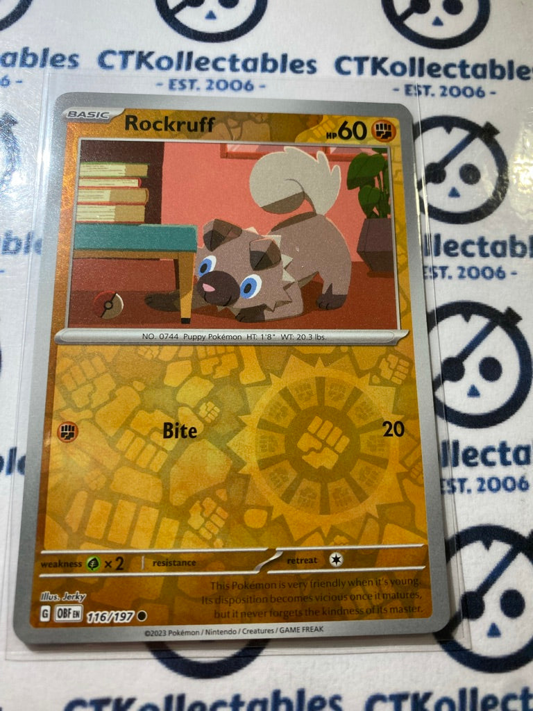 Rock Ruff Card Rockruff Reverse Holo #116/197 2023 Obsidian Flames Pokemon Card ...
