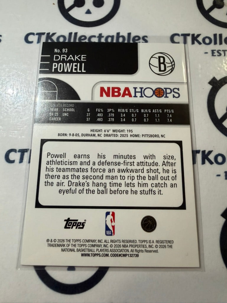 2025-26 Topps NBA Hoops Drake Powell Rookie Card #93 Nets