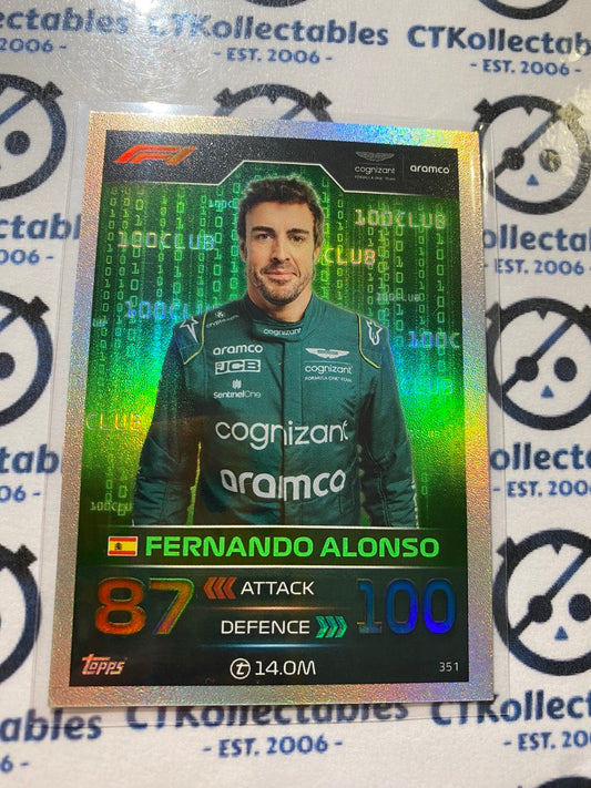 2023 Topps Turbo Attax F1 -Foil Fernando Alonso 100 Club Foil #351 Aston Martin