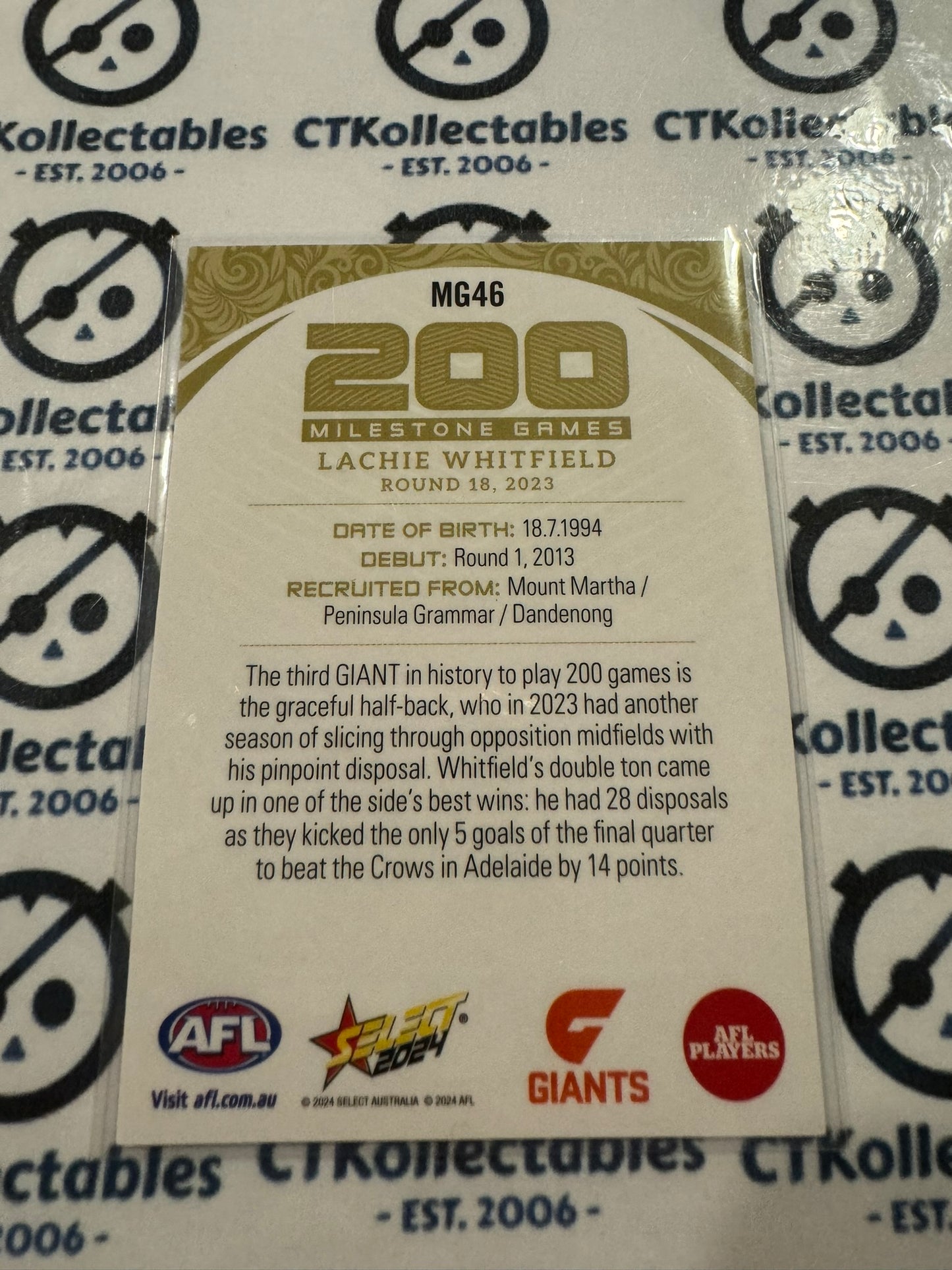 2024 AFL Footy Stars Milestone Lachie Whitfield MG46 GWS