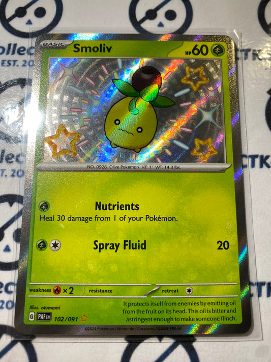 Smoliv Shiny Rare #102/091 2024 Paldean Fates Pokemon Card