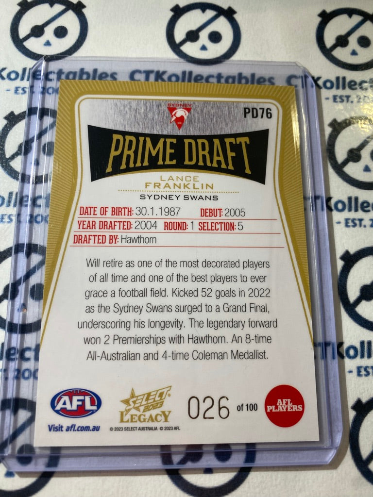 2023 AFL LEGACY Lance Franklin PRIME DRAFT #026/100 PD76 Swans