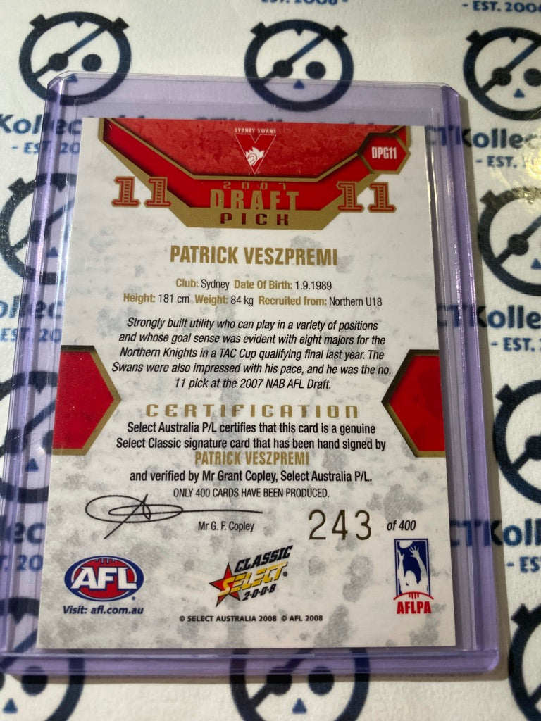 2008 AFL Classic Patrick Veszpremi Draft Pick Signature #243/400