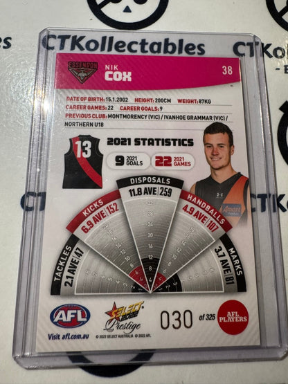 2022 AFL Footy Stars Prestige Nik Cox Pink Parallel #030/325 Bombers