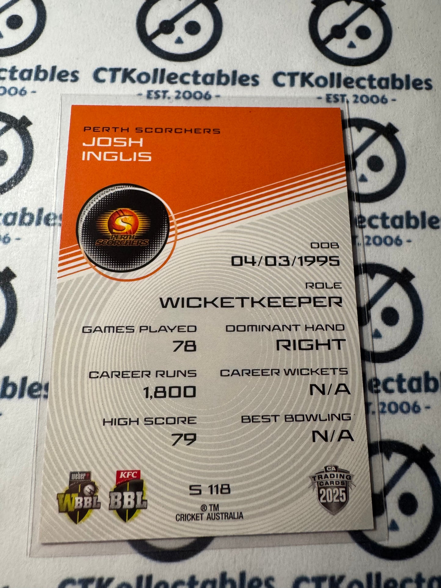 2025/26 CA Cricket Traders Josh Inglis Silver Parallel #S118 Scorchers