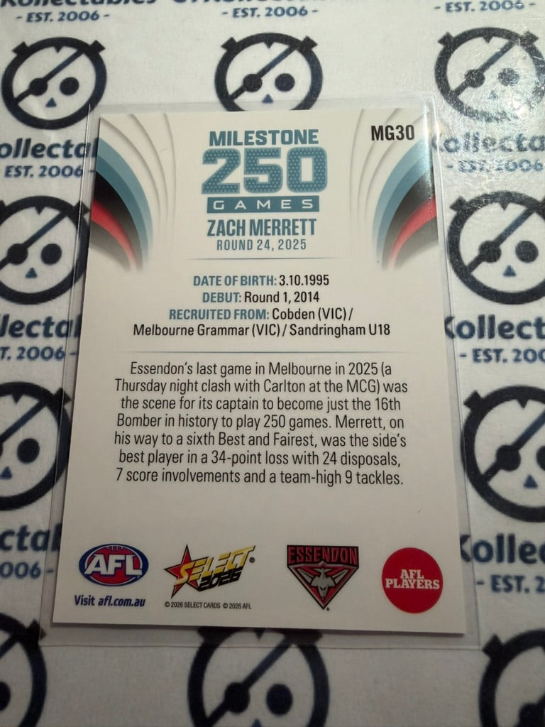 2026 Select AFL Footy Stars Milestone MG30 Zach Merrett Bombers