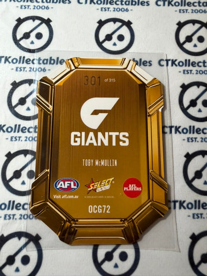 2026 Select AFL Footy Stars Octane Gold Die-Cut Toby McMullin OCG72 #301/315