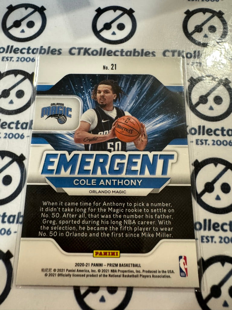 2020-21 NBA Panini Prizm Cole Anthony Emergent #21 Magic