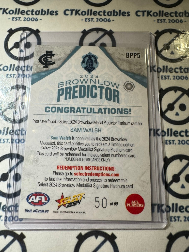 2024 AFL Footy Stars Brownlow Predictor Platinum Sam Walsh #50/60 BPP5 Blues