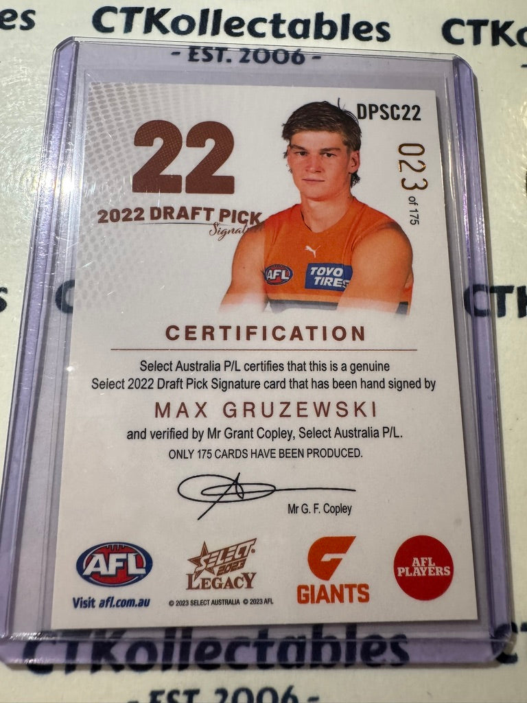 2023 AFL Legacy Max Gruzewski Copper Draft Pick Signature #023/175 DPS Giants