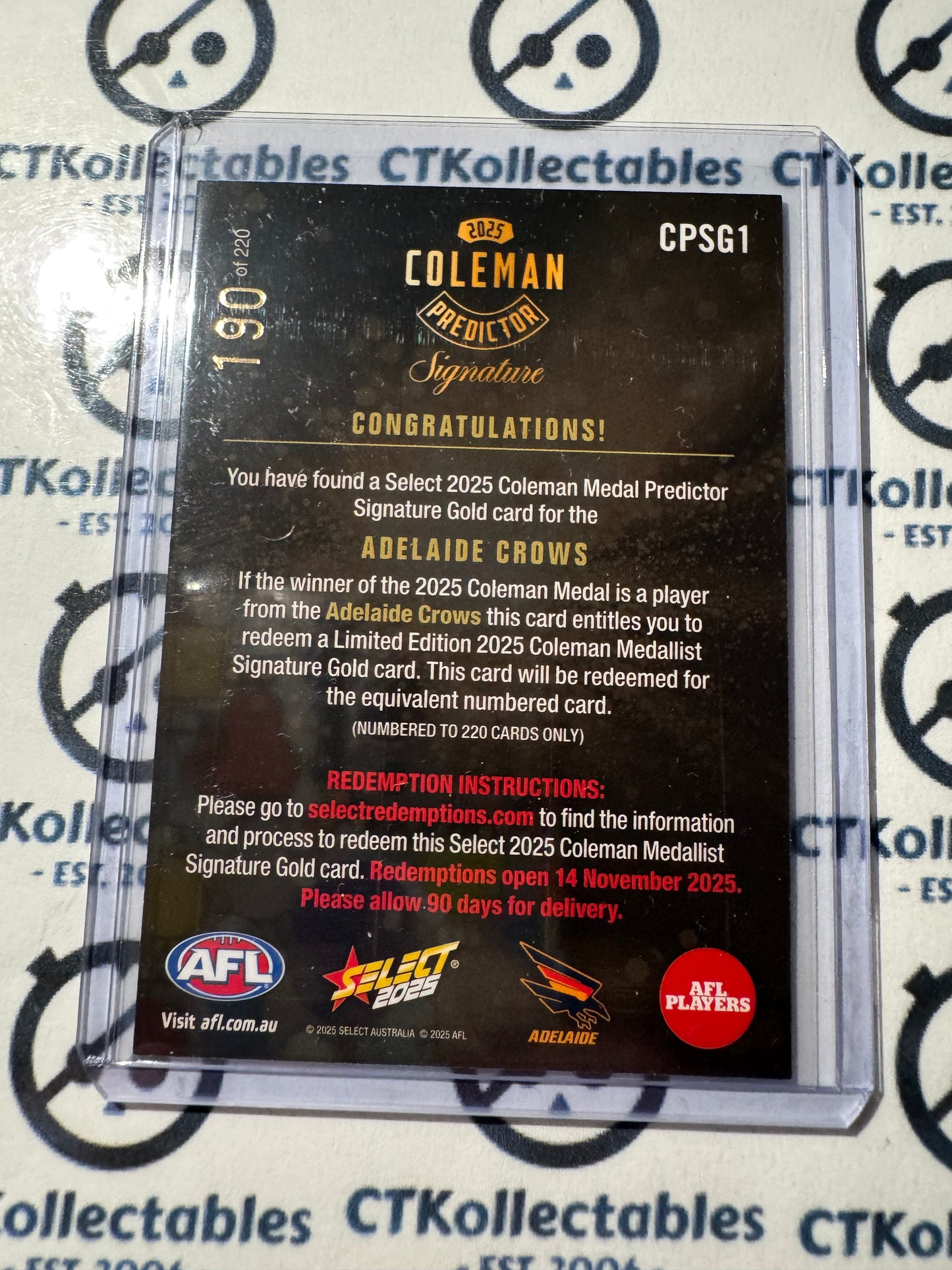 2025 AFL Footy Stars Coleman Predictor Adelaide Crows #CPSg1 #190/220