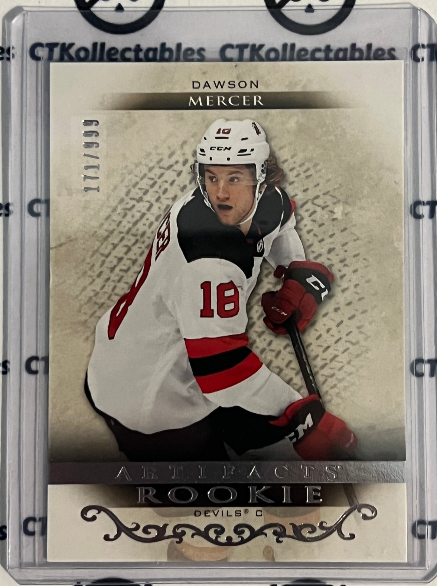 ERROR 2021-22 UPPER DECK ARTIFACTS DAWSON MERCER # RED198 ROOKIE SILVER  /999 NEW JERSEY DEVILS  NHL HOCKEY TRADING CARD