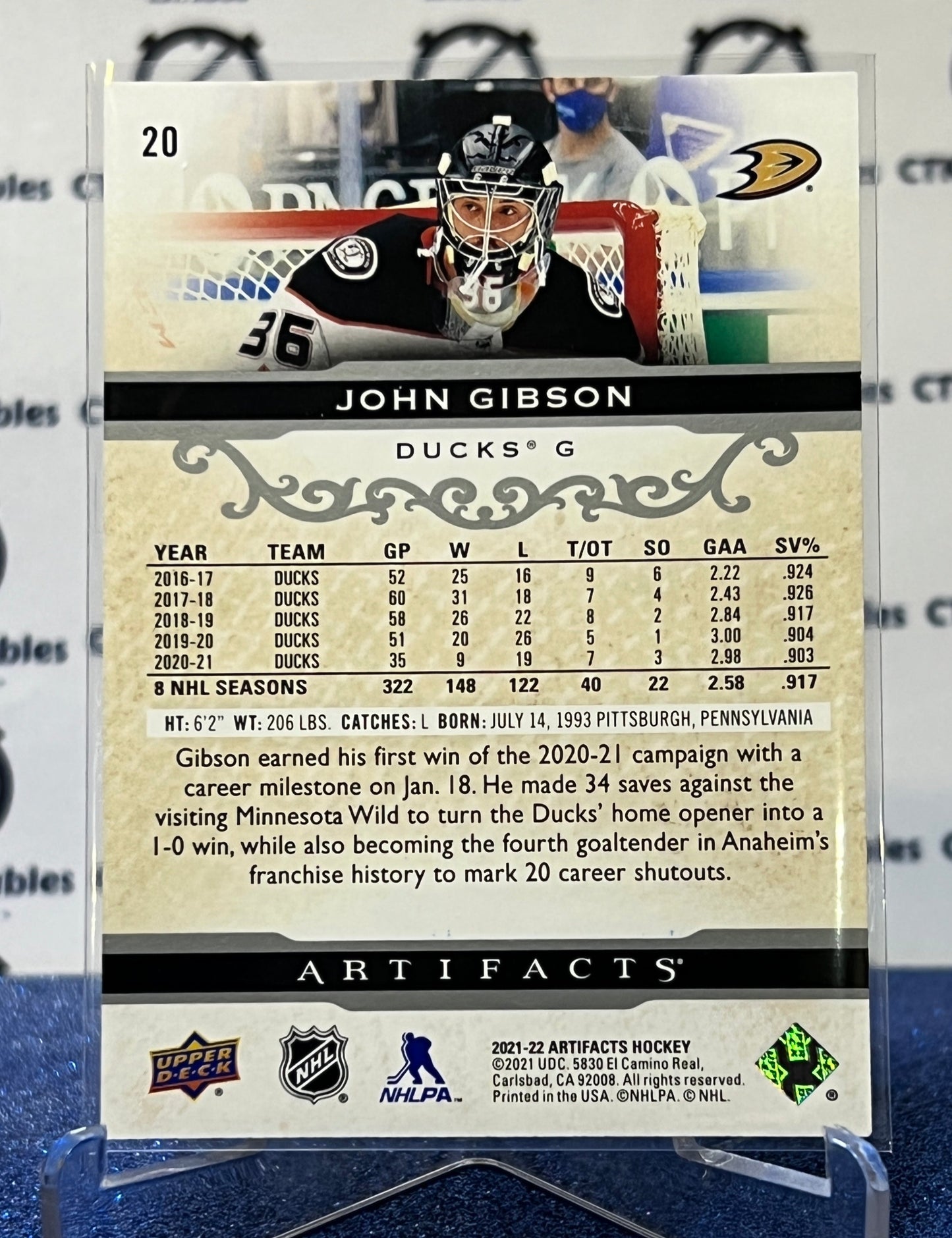 2021-22 UPPER DECK ARTIFACTS  JOHN GIBSON # 20 SILVER ANAHEIM DUCKS NHL HOCKEY CARD