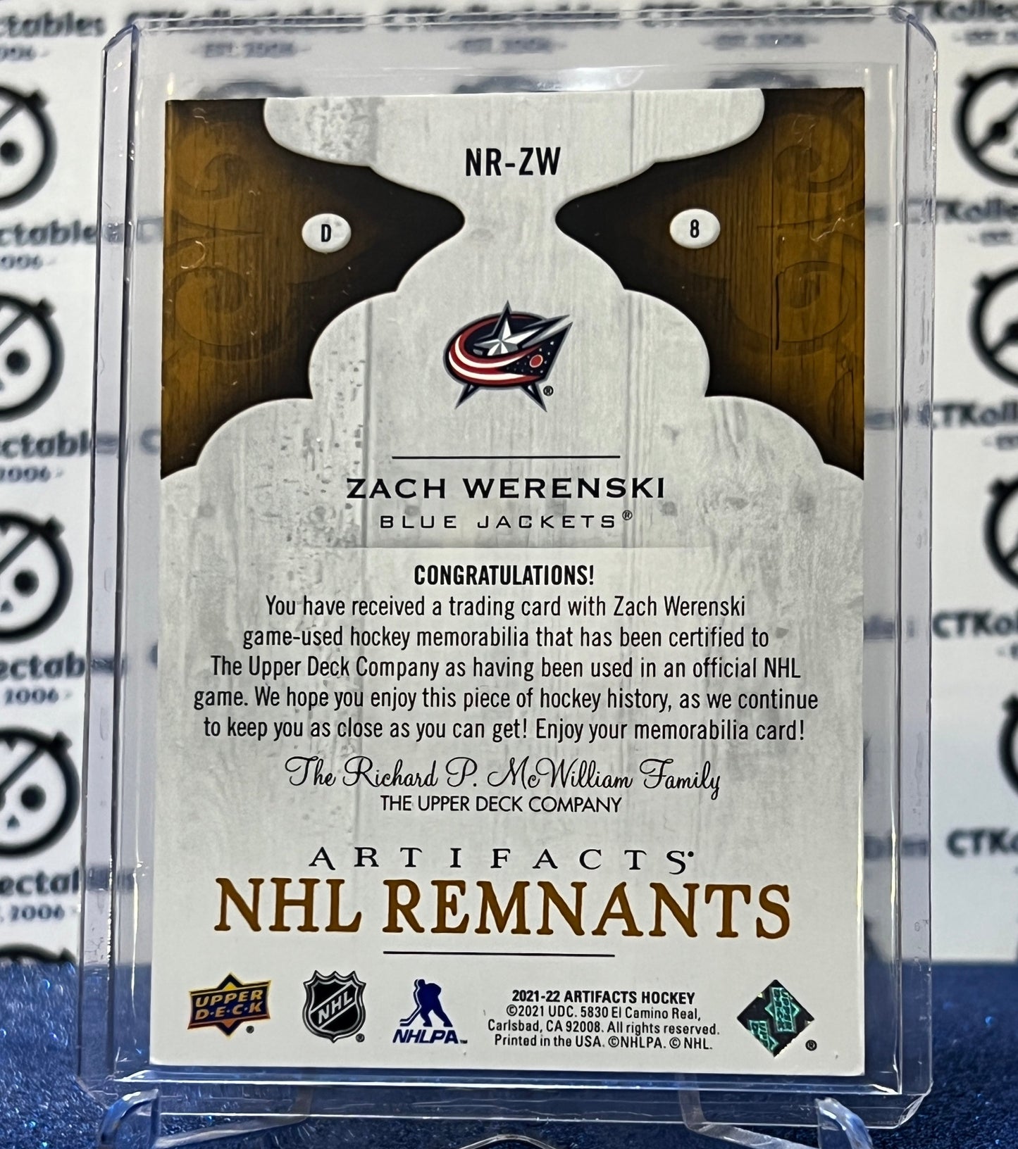 2021-22 UPPER DECK ARTIFACTS ZACH WERENSKI # NR-ZW NHL REMNANTS PATCH  COLUMBUS BLUE JACKETS  HOCKEY TRADING CARD