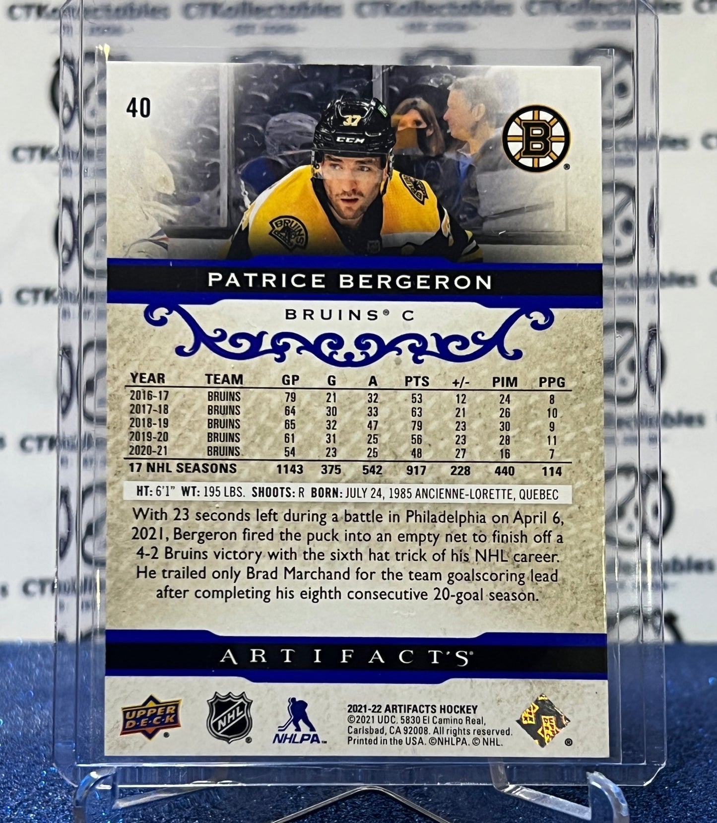 2021-22 UPPER DECK ARTIFACTS PATRICE BERGERON # 40 SAPPHIRE BLUE /199 BOSTON BRUINS HOCKEY CARD